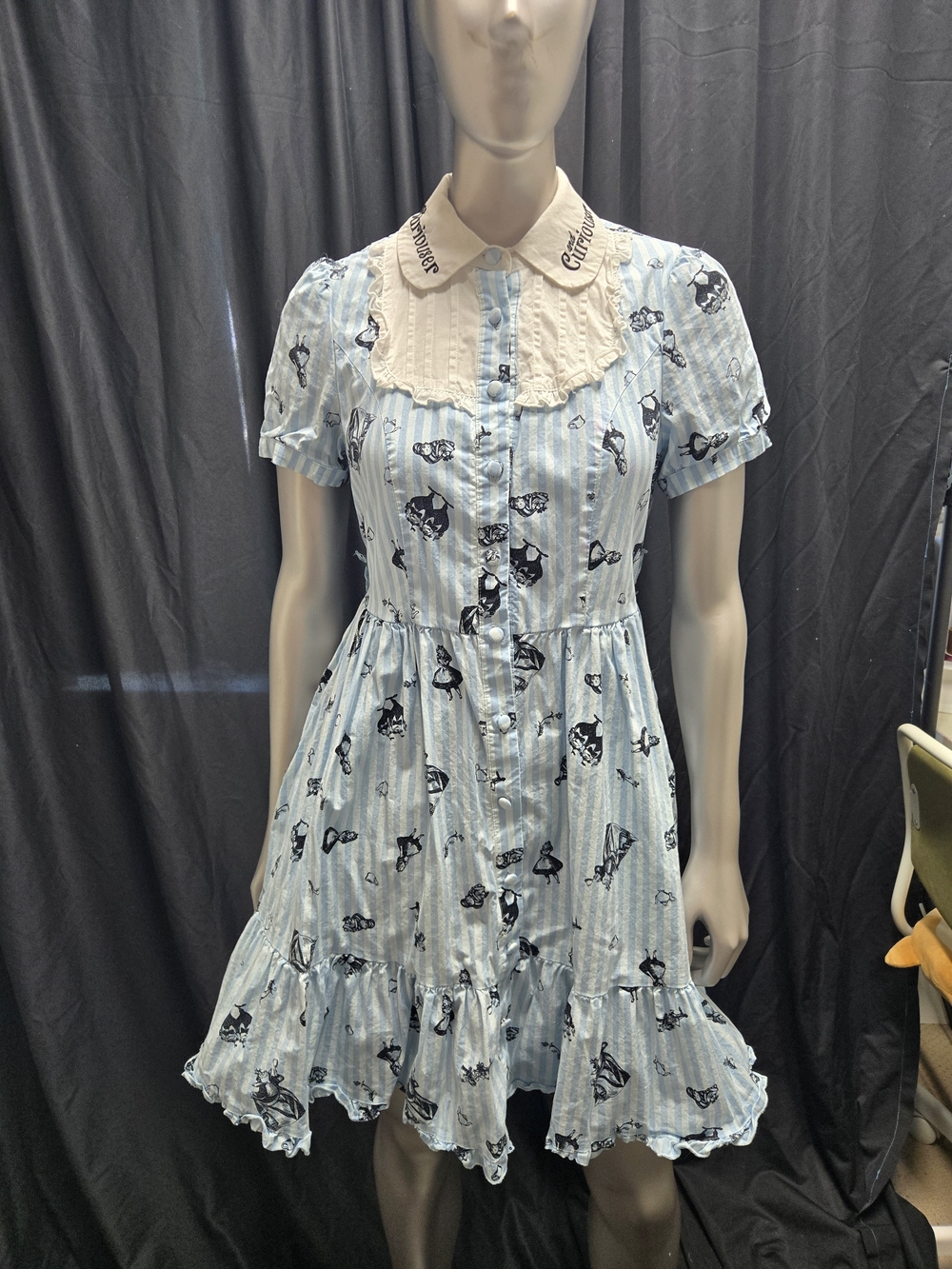 Disney Light Blue and White Striped Button Shirt with Alice In Wonderland Print